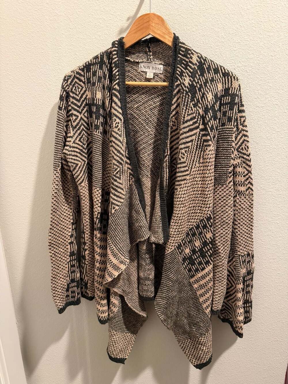 Knox Rose Cardigan Womens Medium Brown Black Aztec Sweater Drapey Artsy
